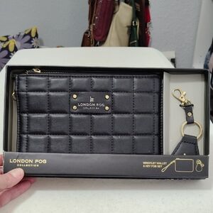 London Fog Black Quilted Wristlet Wallet with Key Fob